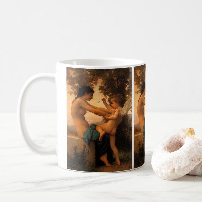 Taza De Café Chica defendiéndose contra cupido de Bouguereau (Con donut)