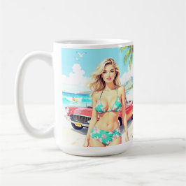 Taza De Café Chica en la playa con un coche clásico