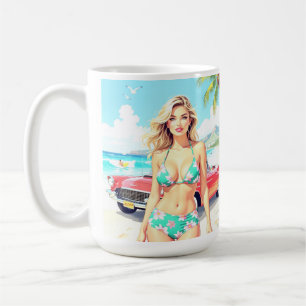 Taza De Café Chica en la playa con un coche clásico
