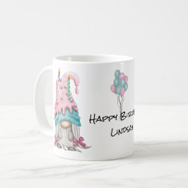 Taza De Café Chica Gnome Candle de cumpleaños azul rosado