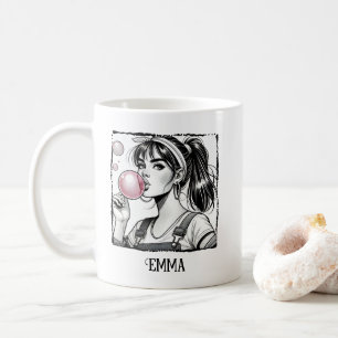 Taza De Café Chica Linda & Burbuja,Dibujos Animados Negro Y Bla