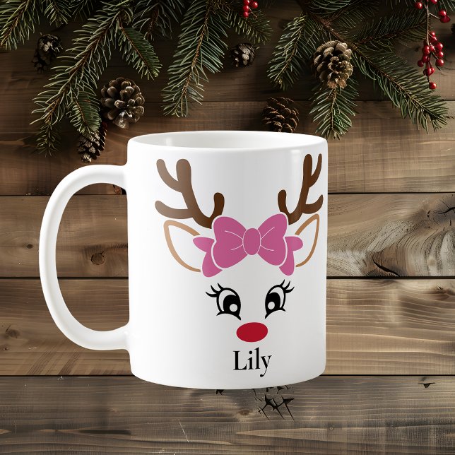 Taza De Café Chica lindo reno Navidades de vaca rosa (Cute Girl Reindeer Pink Bow Christmas Mug
)