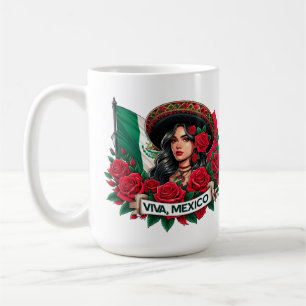 Taza De Café Chica mexicano Viva ilustracion de arte con bander