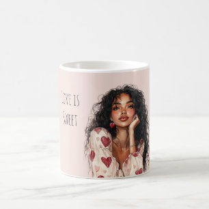 Taza De Café Chica Negra Corazones Rojos Día de San Valentín Am