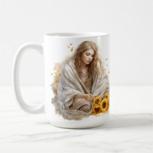 TAZA DE CAFÉ CHICA PENSATIVA DE OTOÑO AL ACUARELA CON CABELLO R