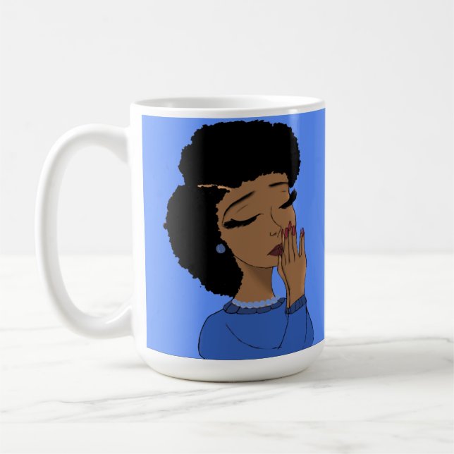 Taza De Café Chica rezando (fondo azul) (Izquierda)