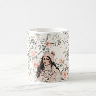 Taza De Café Chica Romántica de Cabello Marrón con Sombrero Ros