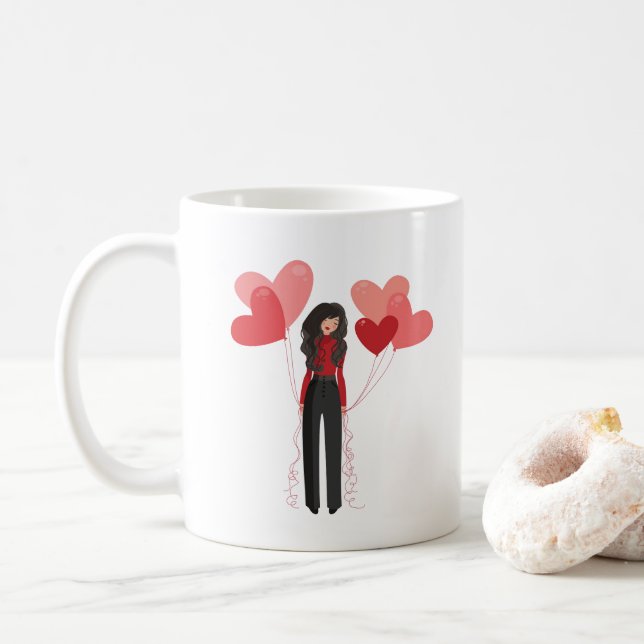 Taza De Café Chica rosa lindo con globos cardíacos (Con donut)