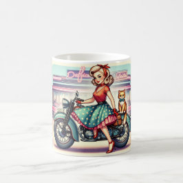 Taza De Café Chica rubia en bicicleta con su gato jengibre