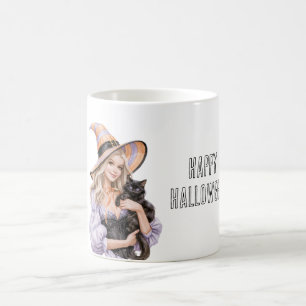 Taza De Café Chica Rubia Gato Negro Halloween