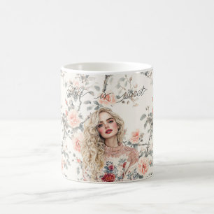 Taza De Café Chica Rubia Romántica Rosas de Melocotón Floral