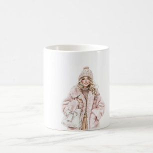 Taza De Café Chica Rubia Sombrero Rosa Rubor Chaqueta