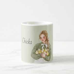 Taza De Café Chica Rubia Sosteniendo Pollitos Amarillos Bebés