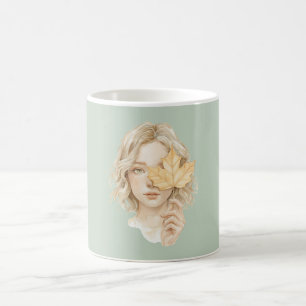 Taza De Café Chica Rubia Verde Hoja Amarilla Otoño