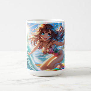 Taza De Café Chica surfista de anime costero/naútico/tropical
