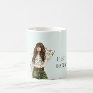 Taza De Café Chica Vaqueros Verdes Pelo Castaño Flequillo