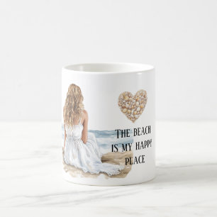Taza De Café Chica Vestido Playa Lugar Feliz Concha Corazón