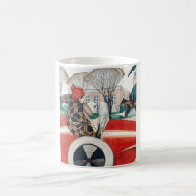 Chica y perro de pug en un automóvil rojo