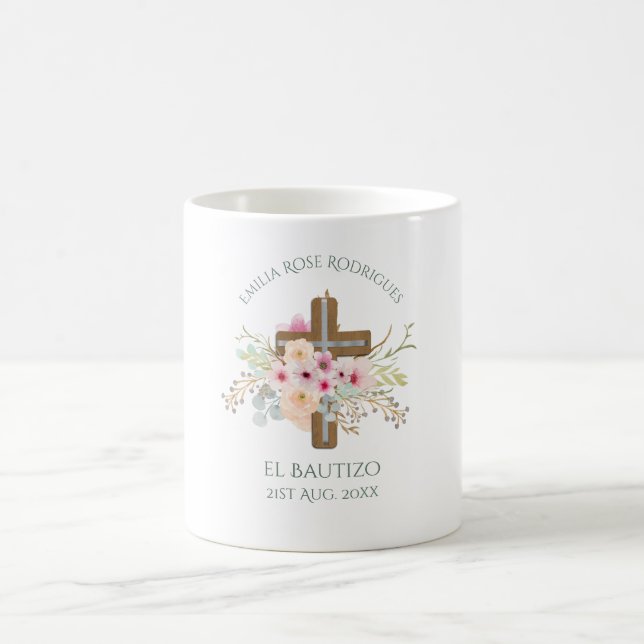 Taza De Café Chicas de la Cruz Floral Rosa Bautizo Bautismo Bap (Centro)