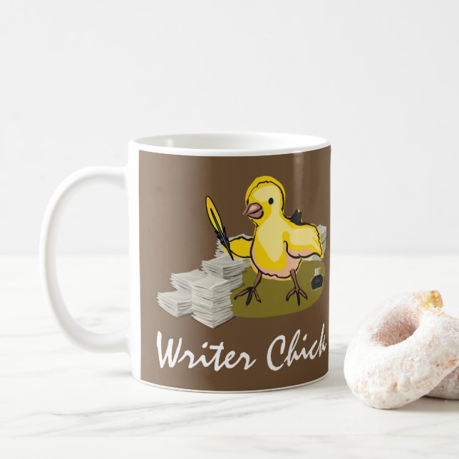 Taza De Café Chick escritor con papel, píldora de plumas y tint (Con donut)