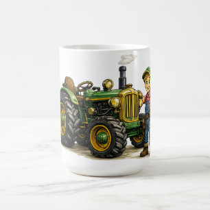 Taza De Café Chico Agricultor Adorable Con Arte De Tractor Verd
