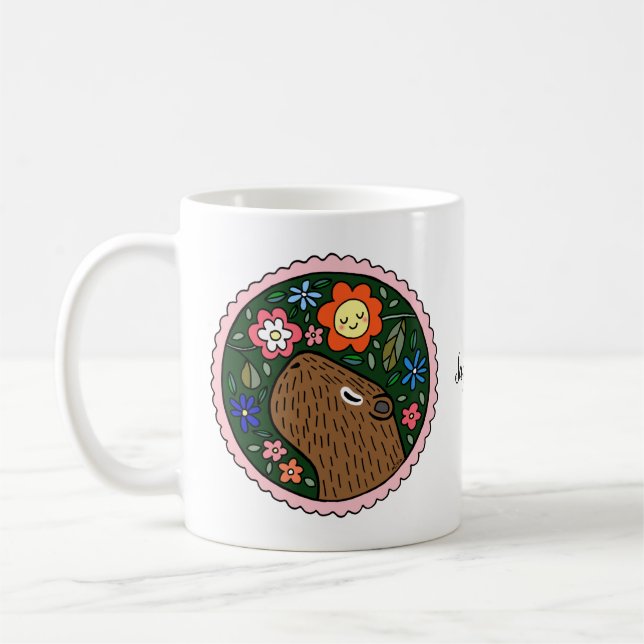 Taza De Café Chigüiro con flores, personalizado de arte bonito  (Izquierda)