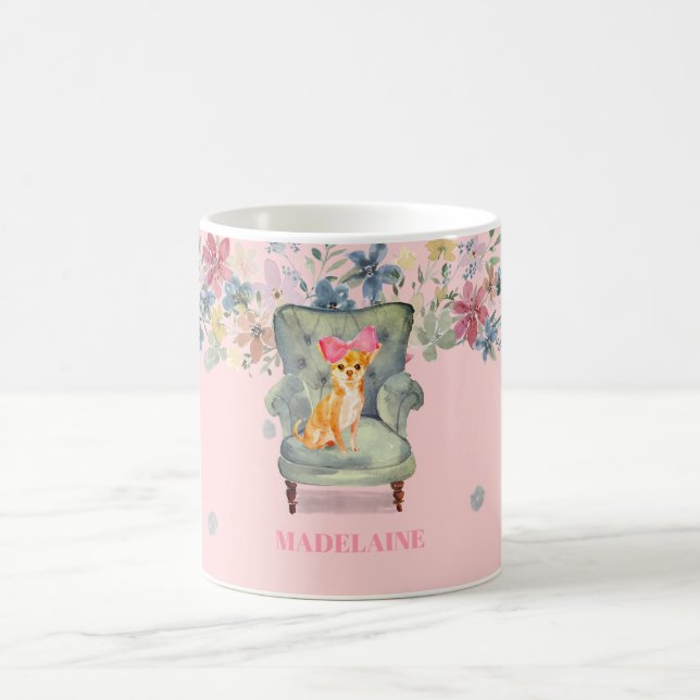 Taza De Café Chihuahua Dog Floral Plata Rosa Personal (Centro)