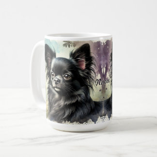 Taza De Café Chihuahua negro de pelo largo en acuarela