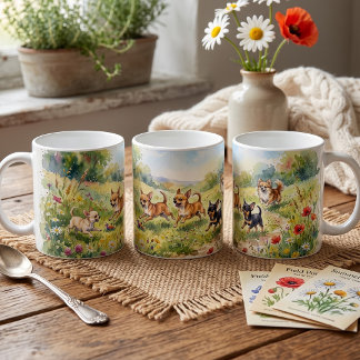 Taza De Café Chihuahuas juguetones en prado de flores