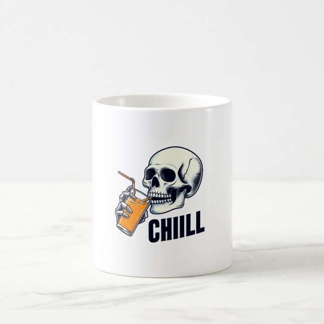 Taza De Café Chiill Mug, Ilustracion de cráneo negro y Naranja (Centro)