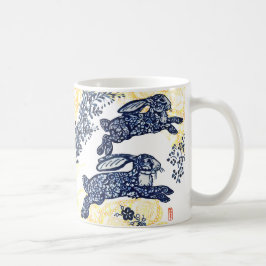 Taza De Café Chinoiserie floral de conejo dorado azul azul orie