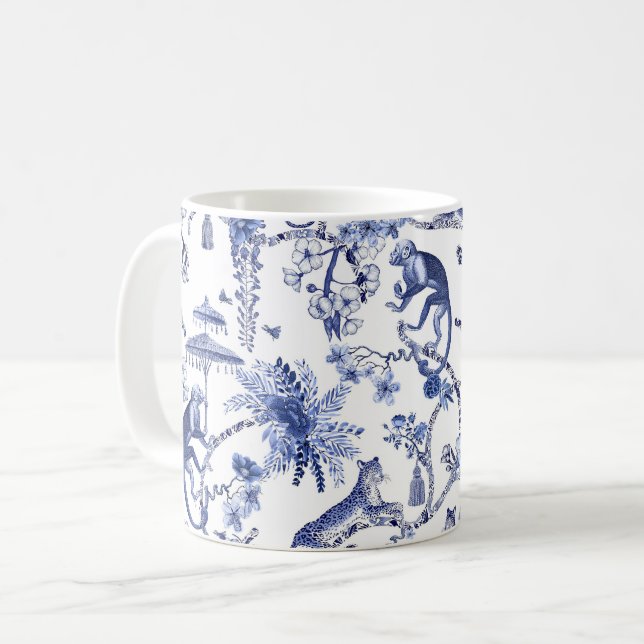 Taza De Café Chinoiserie Moda Jungle Toile | Azul y blanco (Anverso izquierdo)