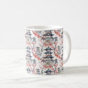 Taza De Café Chinoiserie Pagoda Azul Floral Rosa Flor