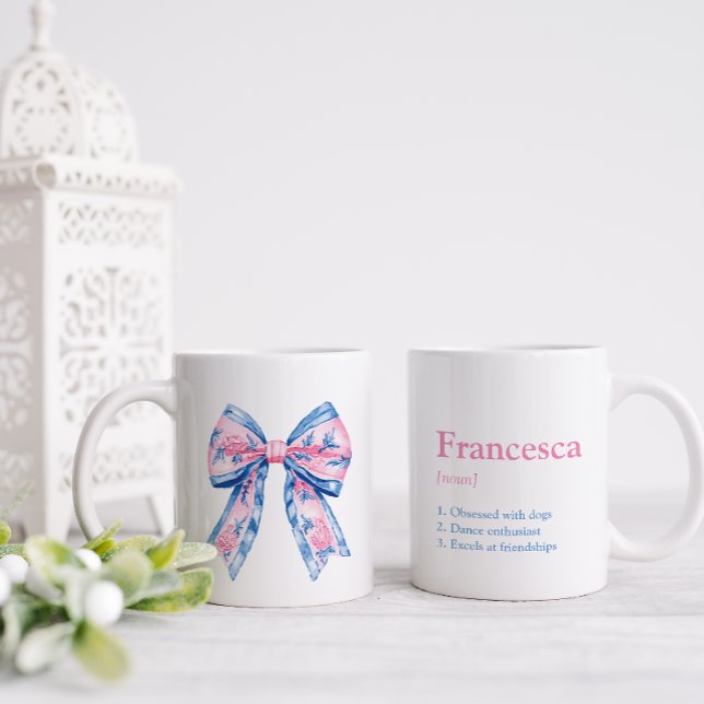 Taza De Café Chinoiserie rosa y azul bonito amigo de Bow (Pretty bow mug for the female in your life.  Add their name on the reverse with three positive notes)