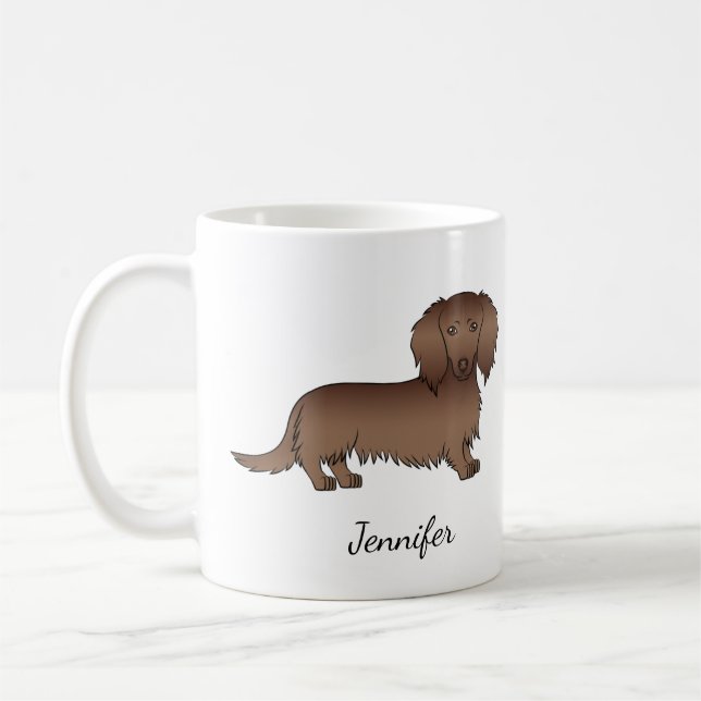 Taza De Café Chocolate Cabello largo Dachshund Cartoon Perro y  (Izquierda)