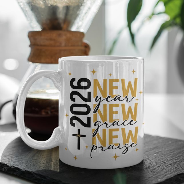 Taza De Café Christian 2026 New Year Custom Scripture Cross (Black & gold faith design for a hopeful new year.
Change the verse or add your word of the year.)