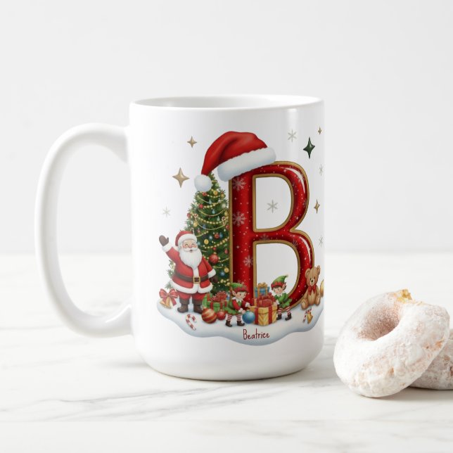 Taza De Café Christmas Alphabet Initial B with Santa Elves (Con donut)