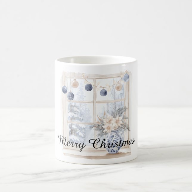 Taza De Café Christmas Blue Cream Ornaments Flowers Tree Window (Centro)