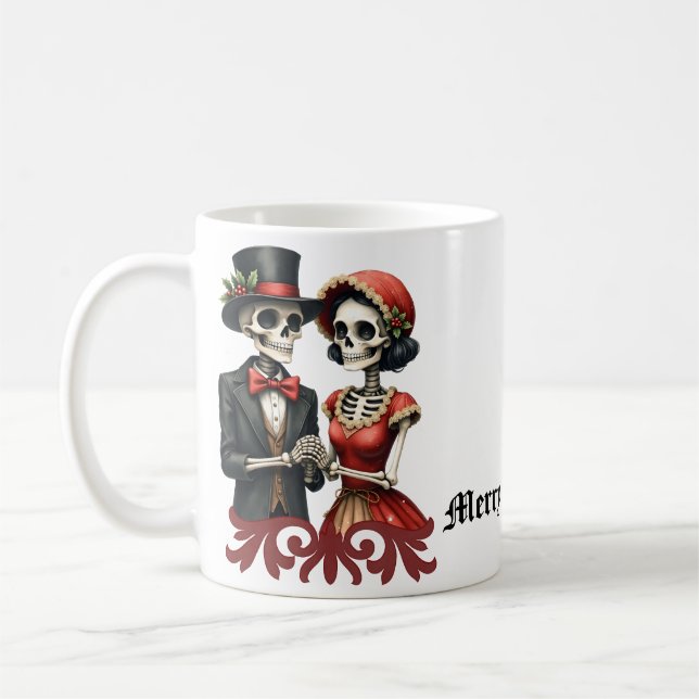 Taza De Café Christmas Bone Romance, A festive skeleton couple. (Izquierda)