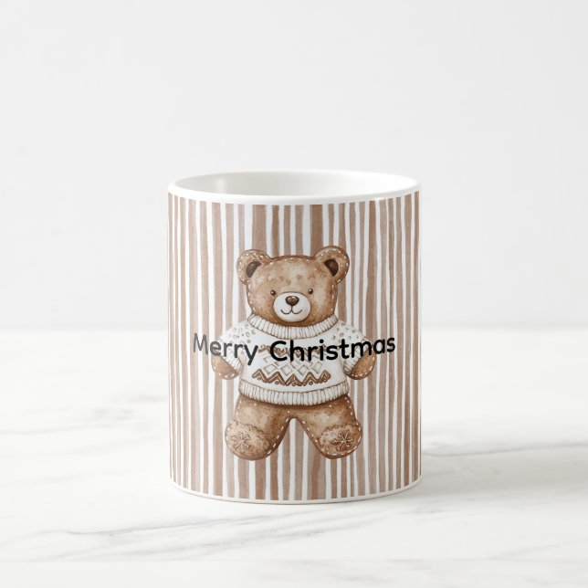 Taza De Café Christmas Brown Cream Teddy Bear Stripes (Centro)