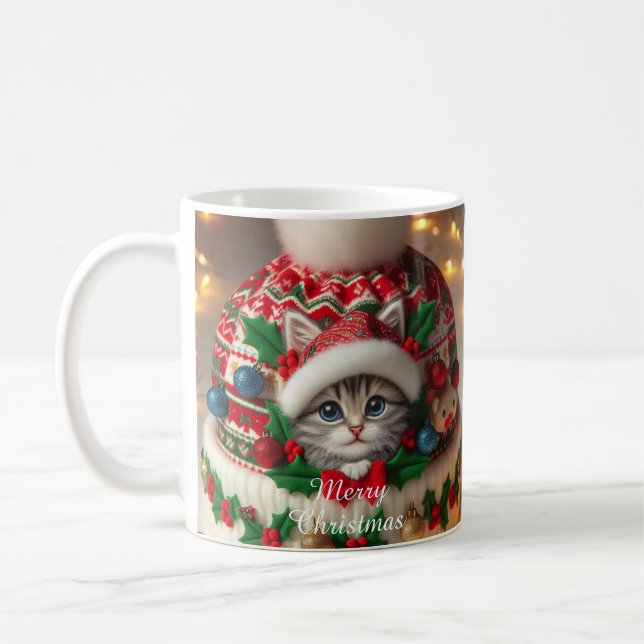 Taza De Café Christmas Cat Mug – Cute Kitty with Santa Hat (Izquierda)