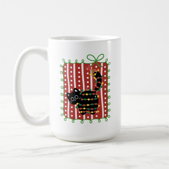 Taza De Café Christmas Cat Tangled in Lights – Cute Funny  (Izquierda)