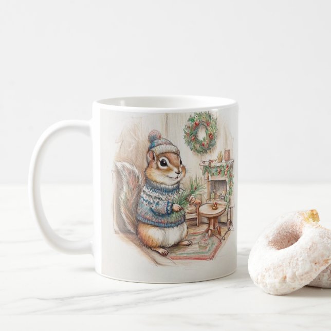 Taza De Café Christmas Chipmunk in Sweater  (Con donut)