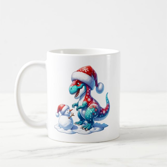 Taza De Café Christmas dinosaur with cute snowman, fantasy  (Izquierda)