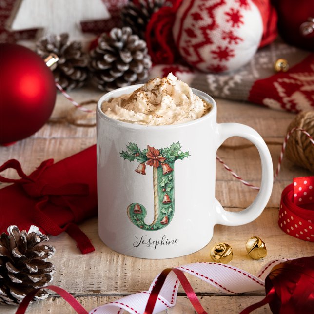 Taza De Café Christmas Holly & Bells Letter J Personalized Name (Christmas Holly & Bells Letter J Personalized Name Coffee Mug)