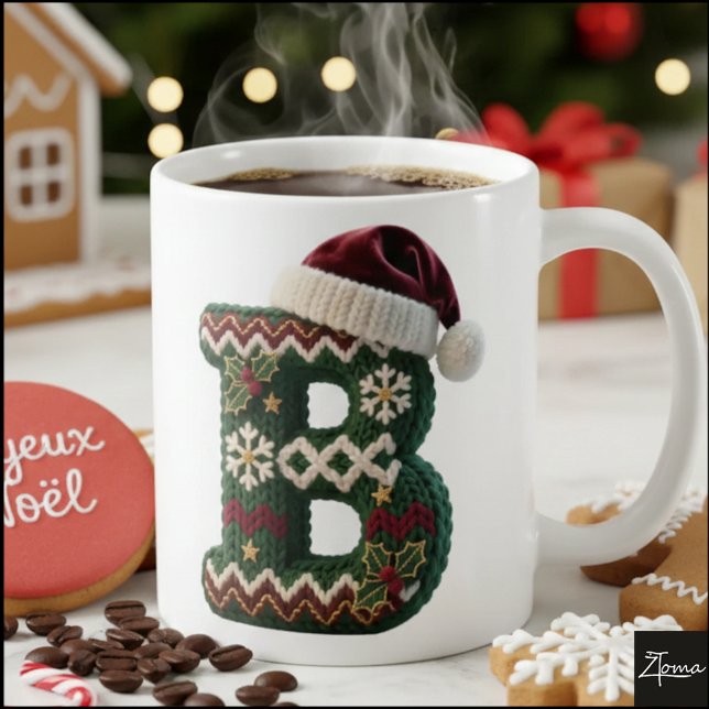 Taza De Café Christmas Knit Sweater Letter B Santa Hat (Subido por el creador)