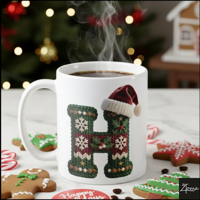 Taza De Café Christmas Knit Sweater Letter H Santa Hat (Subido por el creador)