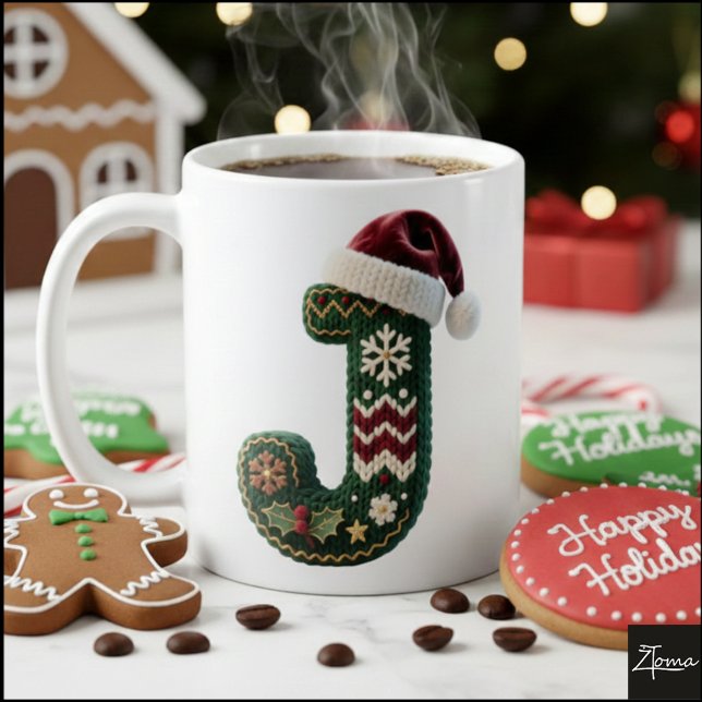Taza De Café Christmas Knit Sweater Letter J Santa Hat (Subido por el creador)