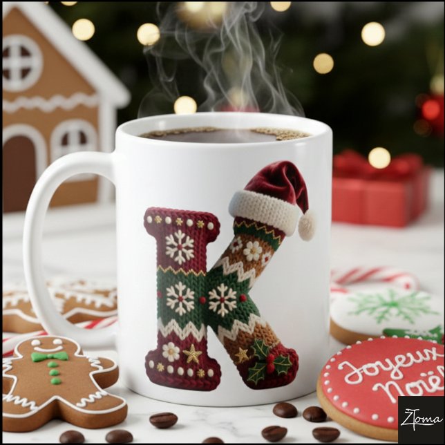 Taza De Café Christmas Knit Sweater Letter K Santa Hat (Subido por el creador)