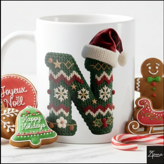 Taza De Café Christmas Knit Sweater Letter N Santa Hat (Subido por el creador)